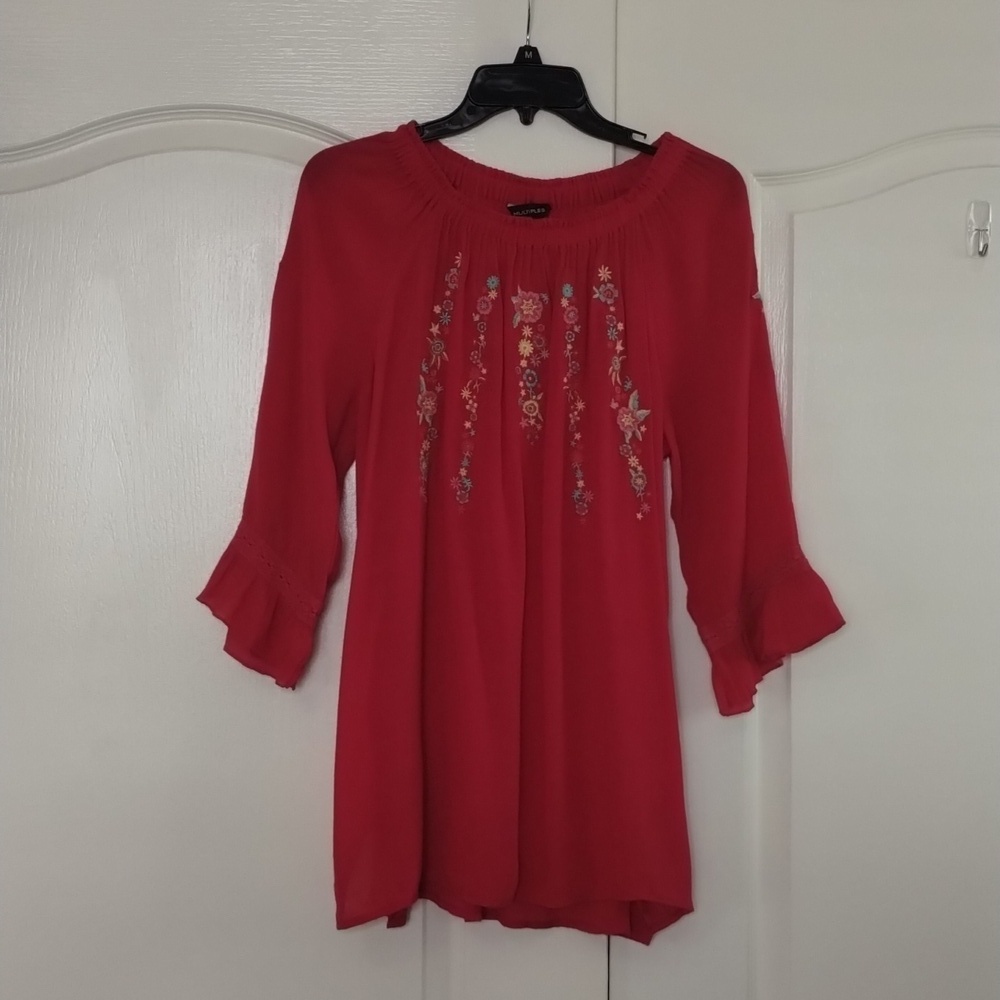 Multiples red floral embroidered size XL peasant blouse